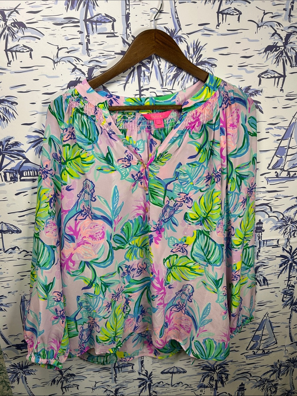 Lilly Pulitzer Pink Tropical Floral Puff-Sleeve Blouse